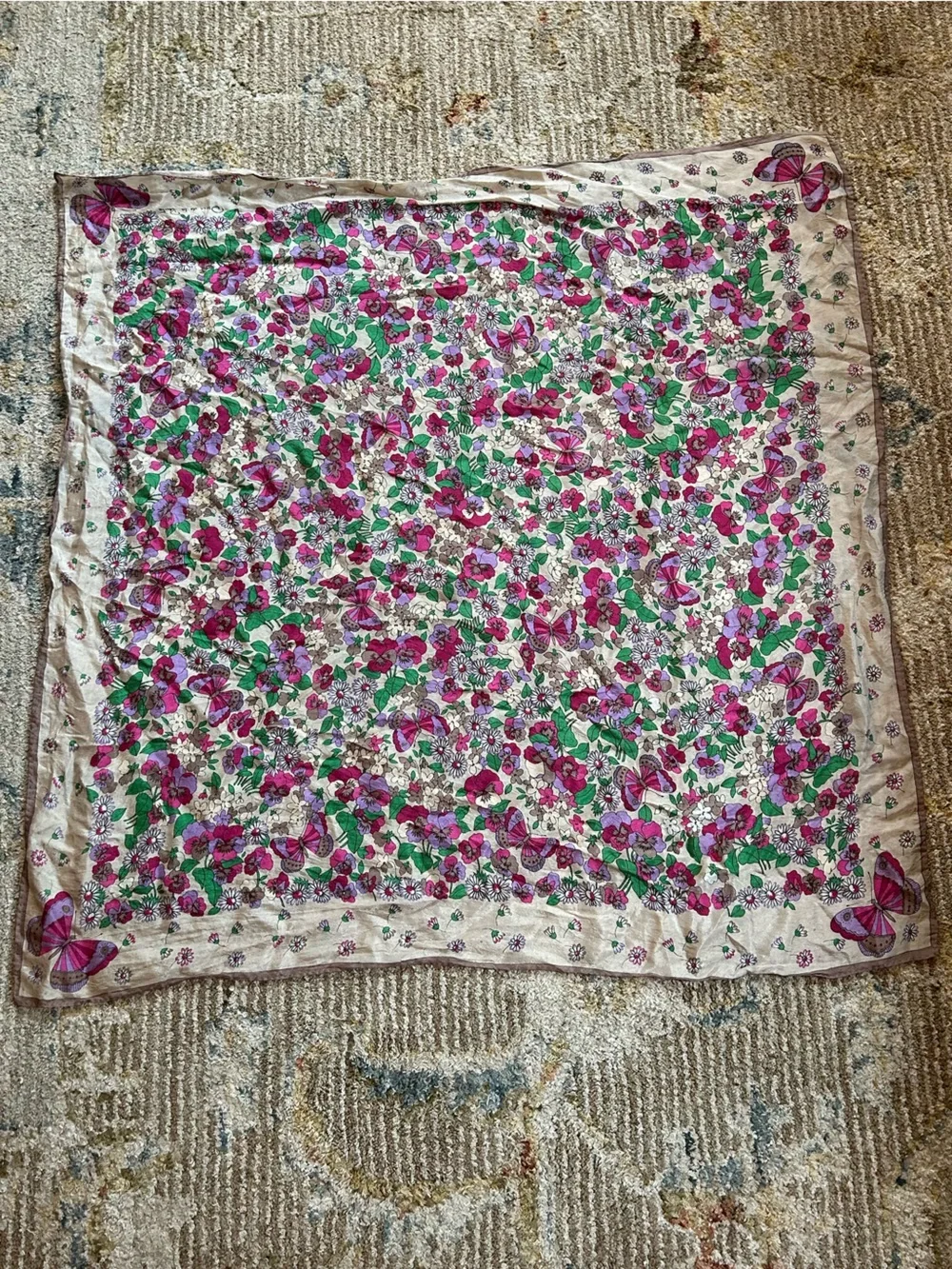 Oscar de la Renta Floral & Butterfly Silk Scarf in Cream, Pink & Green